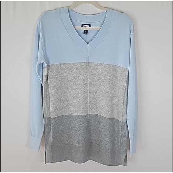 LAND'S End V-Neck Color Block CottonLong Sleeve Tunic Sweater SizeXSmall - Picture 1 of 6